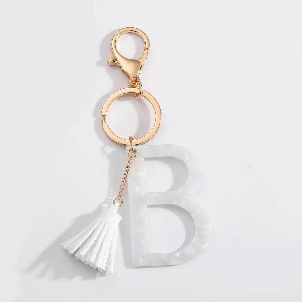 Tasseled Initial Keychain | White