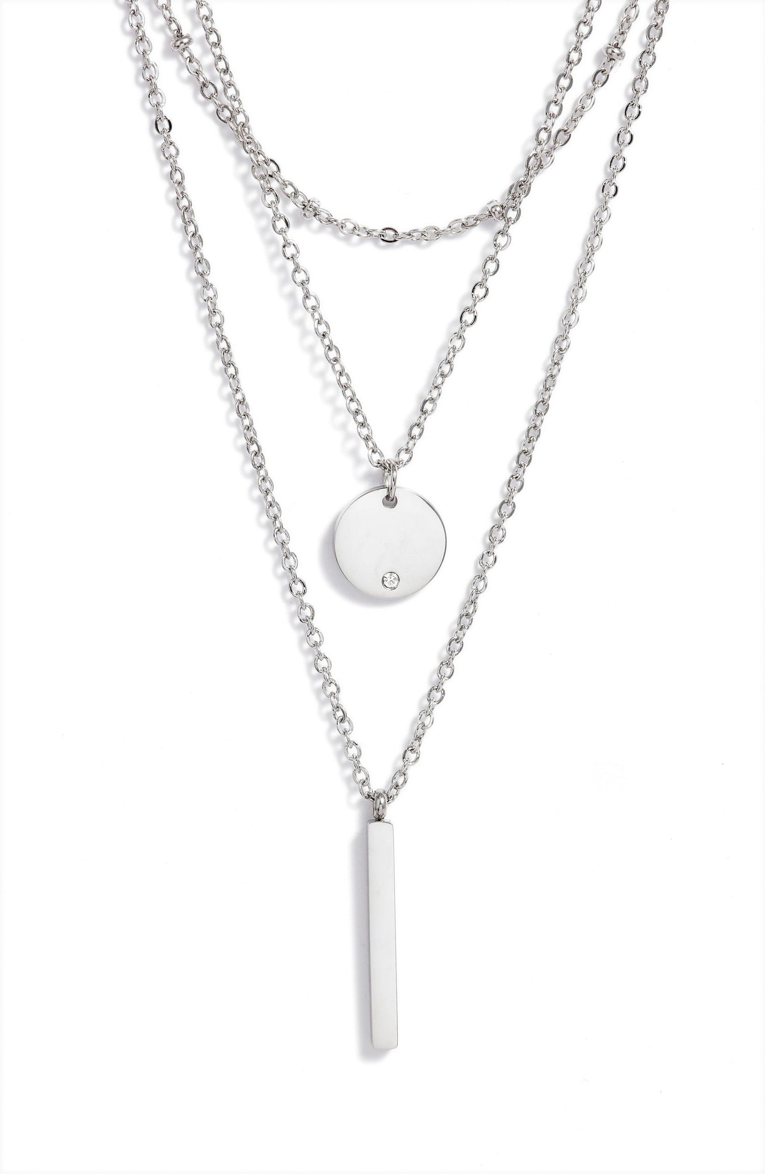 Triple Strand Necklace | Bar &amp; Round Pendants | Stainless Steel &amp; CZ | More Colors Available - HartCentered