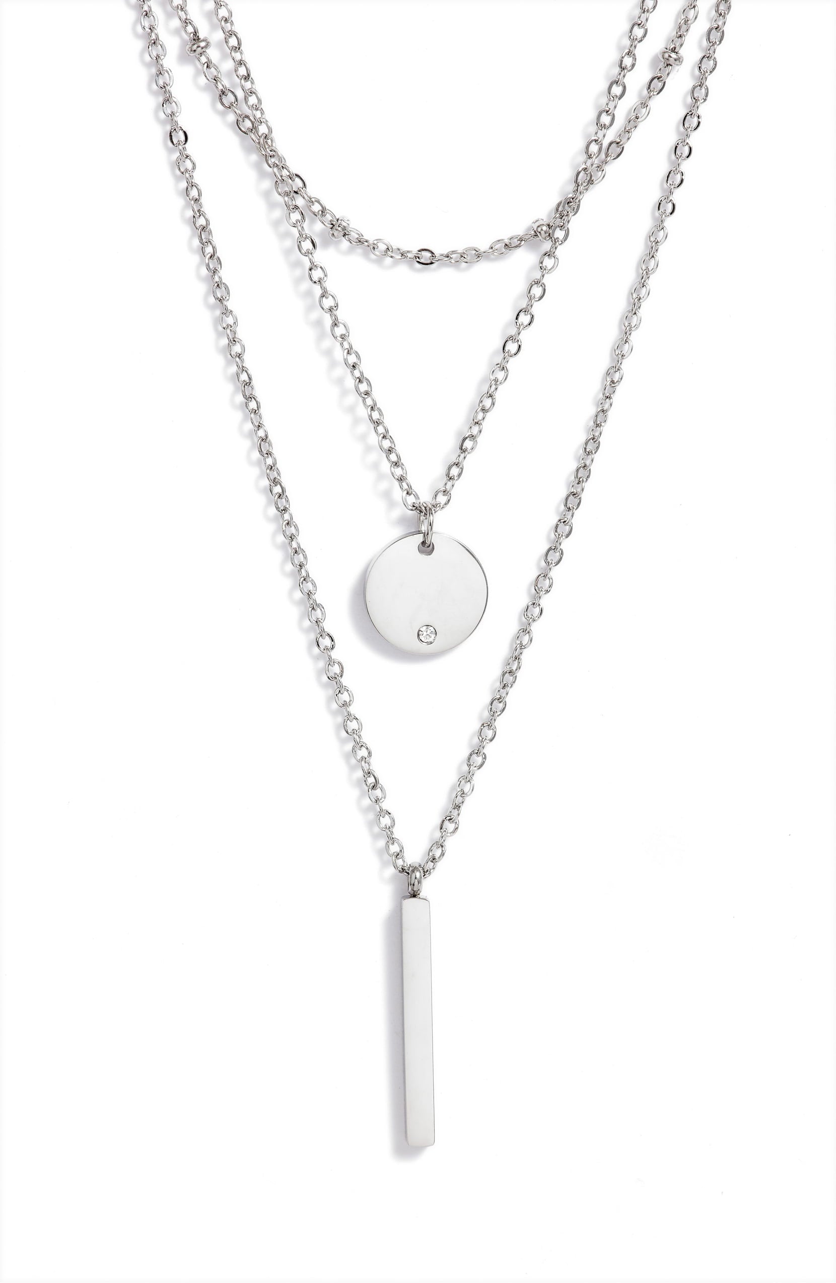 Triple Strand Necklace | Bar &amp; Round Pendants | Stainless Steel &amp; CZ | More Colors Available - HartCentered