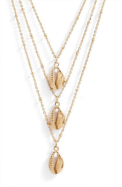 Triple Strand Shell Necklace | Gold-Tone Stainless Steel - HartCentered