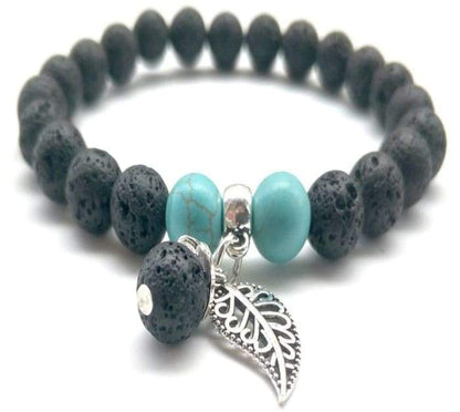 Turquoise and Black Lava Stone with Feather Charm | Essential Oil Bracelet - HartCentered