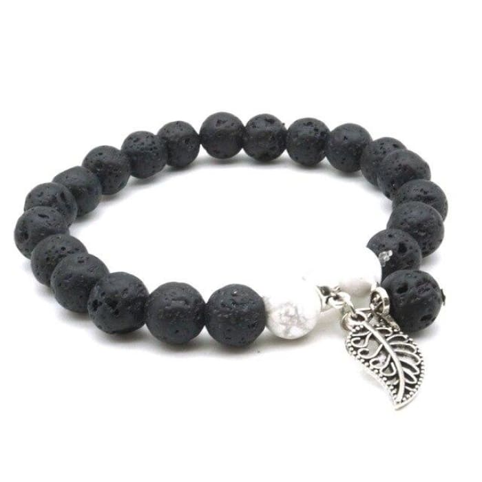 White Howlite &amp; Black Lava Stone with Feather Charm | Essential Oil Bracelet - HartCentered