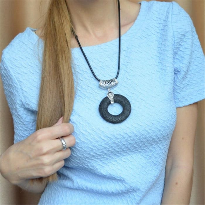 Black Circular Lava Stone Pendant | Essential Oil Necklace - HartCentered