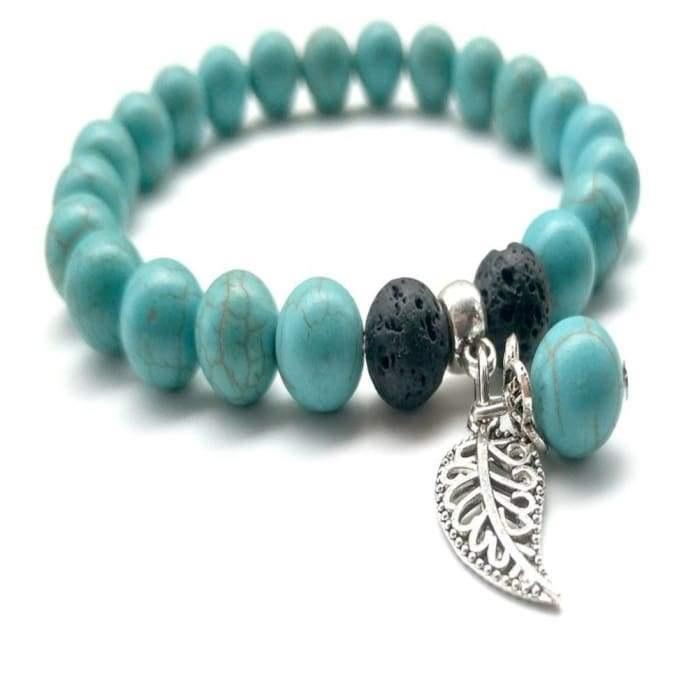 Turquoise &amp; Black Lava Stone with Feather Charm | Essential Oil Bracelet - HartCentered