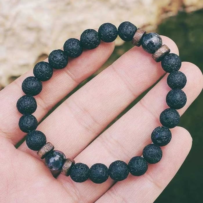 Wood, Gray Crystal &amp; Black Lava Stone | Essential Oil Bracelet - HartCentered