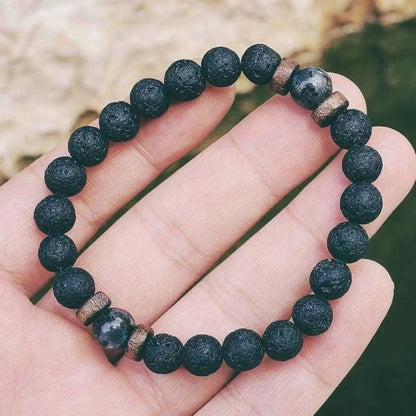 Wood, Gray Crystal &amp; Black Lava Stone | Essential Oil Bracelet - HartCentered